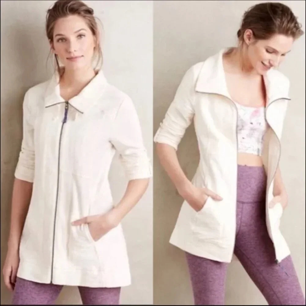 Anthropologie Saturday Sunday‎ Quinn Jacket Terry Zip Sweater White Size Medium